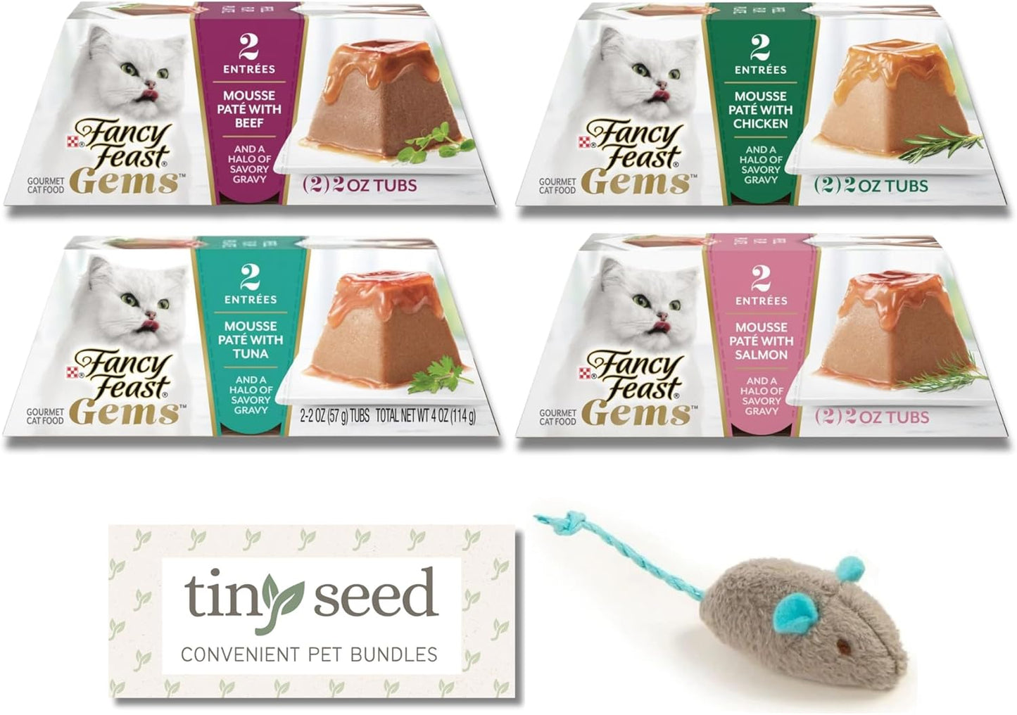 Mousse Pate Wet Cat Food. Fancy Feast Gems Mousse Pate Variety Pack. 4-Pack Sampler Includes 1 Each of Tuna, Salmon, Chicken, and Beef. Complimentary Mouse Toy. Convenient Pet Bundles.