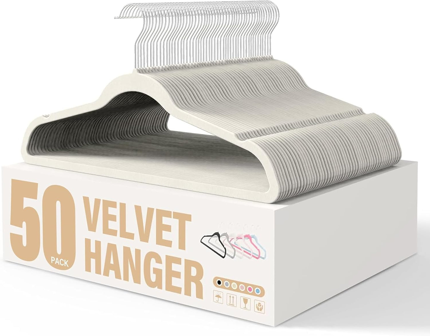 YSSOA Velvet Hangers 50 Pack, Non-Slip Clothes Hangers with Shoulder Notches, 360° Swivel Hooks, Heavy Duty Standard Hangers for Closet Space Saving, White