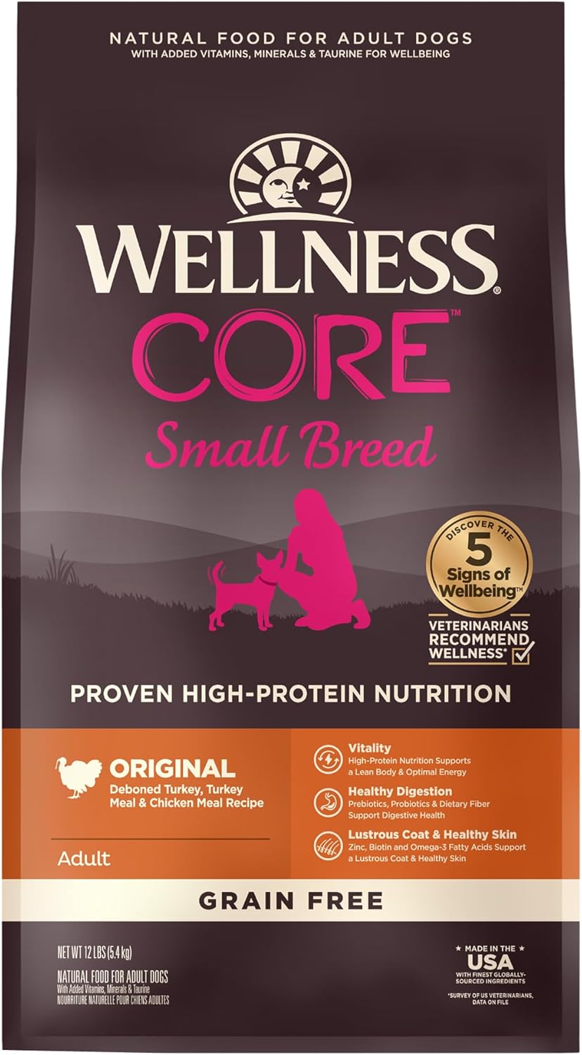 Wellness Natural Pet Food CORE Natural Grain-Free Small Breed Turkey & Chicken Dry Dog Food for Adult Dogs, High-Protein, USA-Made with Real Meat, 12-Pound Bag