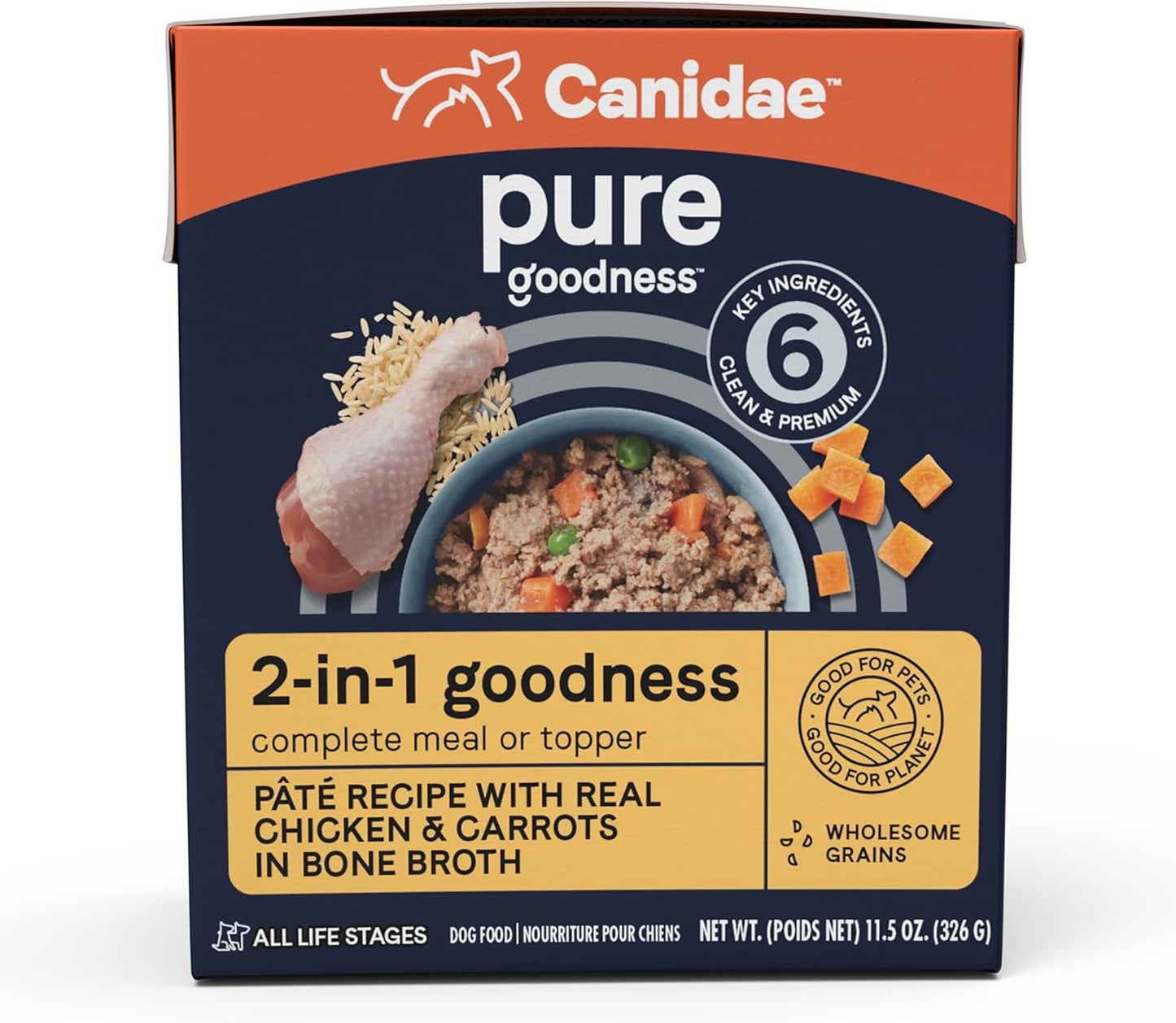 CANIDAE Pure 2-in-1 Goodness Pate with Real Chicken & Carrots in Bone Broth Wet Dog Food, 11.5 oz. (Case of 12)