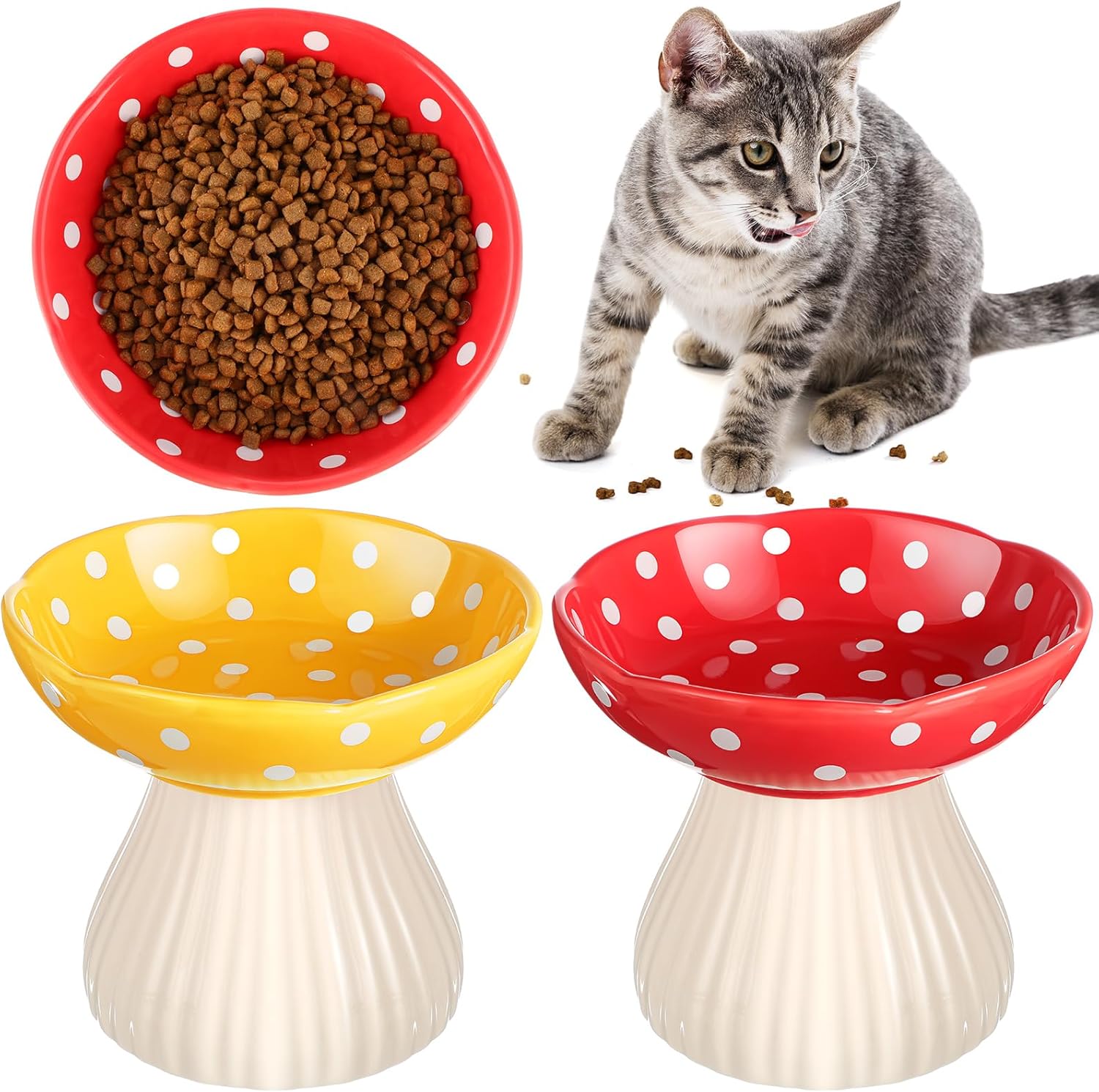 Teenyyou 2 Pcs Ceramic Raised Cat Bowl Elevated Cat Food Bowl Whisker Friendly Raised Ceramic Cat Bowl Raised Cat Food Dish for Food and Water Wide Cat Feeding Bowl for Flat Faced Kitten(Red Yellow)