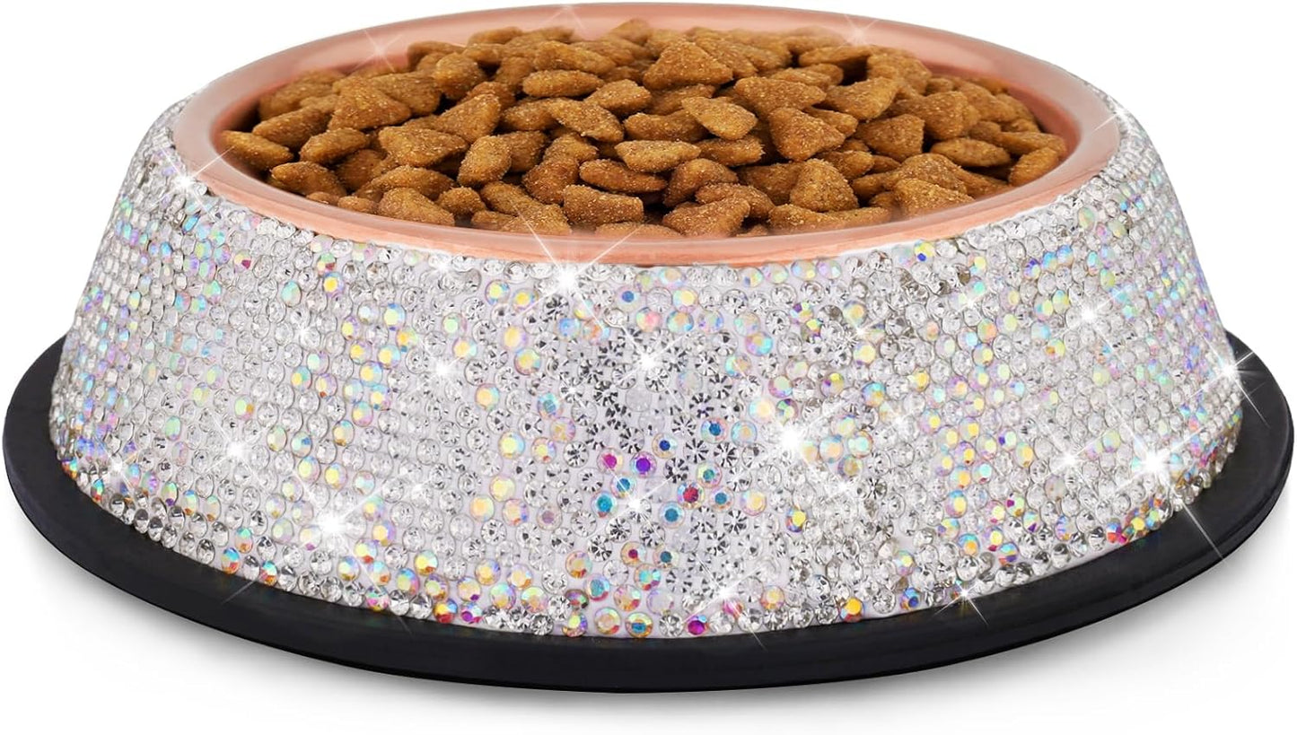 WOOFUU Sparkly Full Rhinestones Designed Rose Gold Stainless Steel Pet Cat Bowl - Stylish and Practical Diamond Food Water Dishes Bowls for Dogs Cats Rabbits and Small Pets