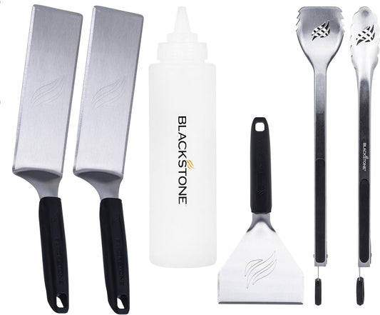 Blackstone 5464 Griddle Tool Kit Outdoor Indoor Grill BBQ Utensils Cooking Accessories-Heat Resistant\u2013 2 Long Spatulas, 2 Angled Scraper Classic Tong, 1 (32oz) Squeeze Bottle, Black, Silver, White