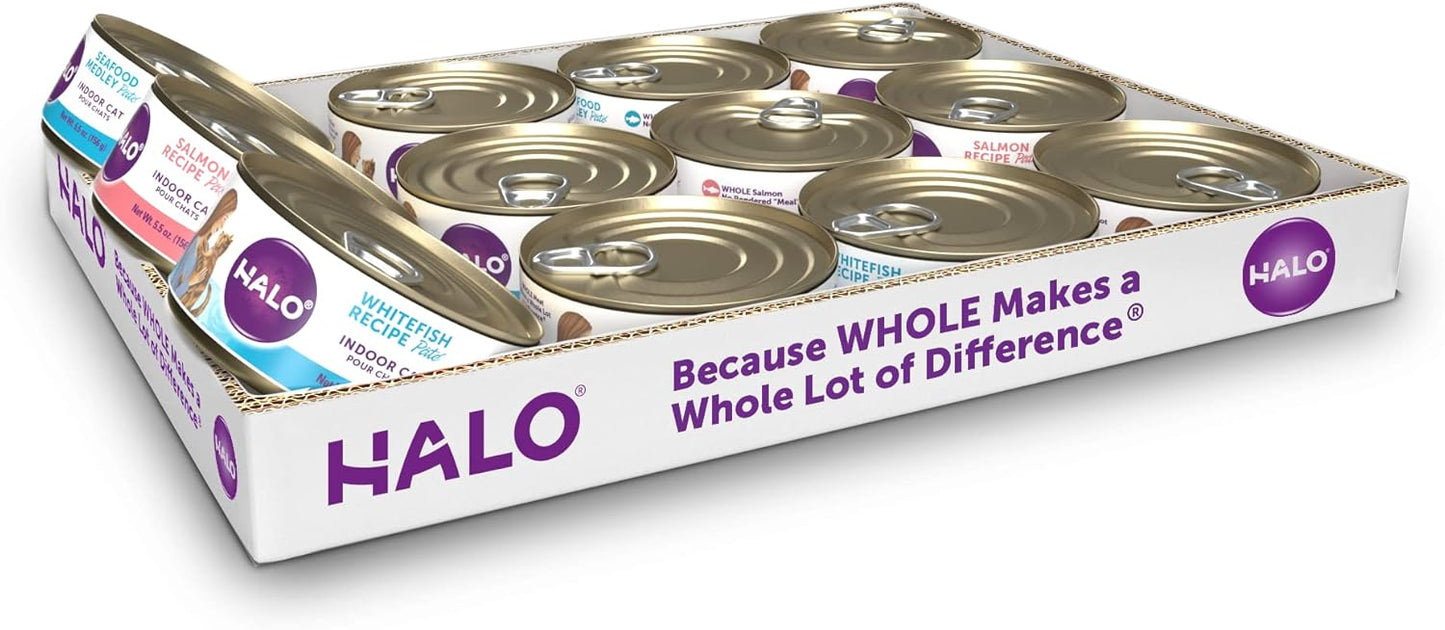 Halo Cat Seafood Pate Variety Pack: Grain Free Whitefish Pate, Salmon Pate, Seafood Medley Pate 5.5 oz can (Pack of 12)