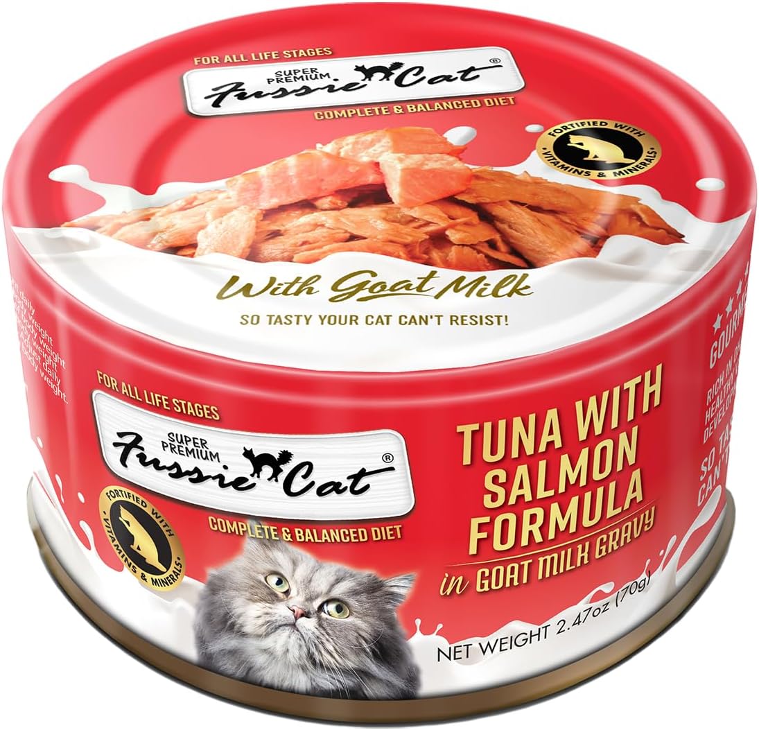 Fussie Cat Super Premium Canned Wet Cat Food in Goat Milk Gravy -2.47 oz Cans - Case of 24 Cans with Can Lid (Tuna & Salmon)