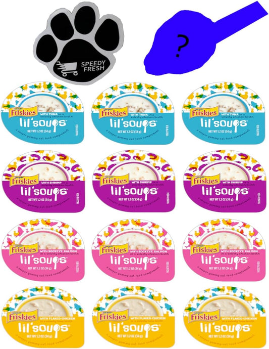 Lil' Soups Bundle 4 Flavors Wet Cat Food/Treats 1.2 oz (3 of Each) Total of 12 Pieces Magnet and Mystery Cat Toy