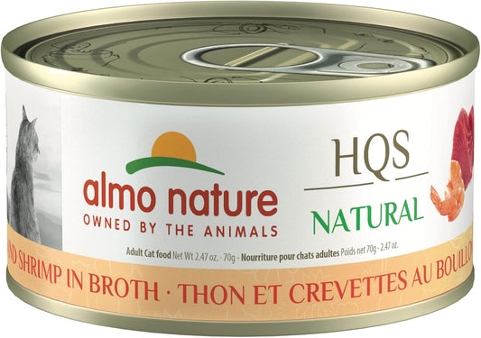 almo nature HQS Natural Tuna with Shrimps, Grain Free, Additive Free, Adult Cat Canned Wet Food, Flaked, 24 x 70g/2.47 oz