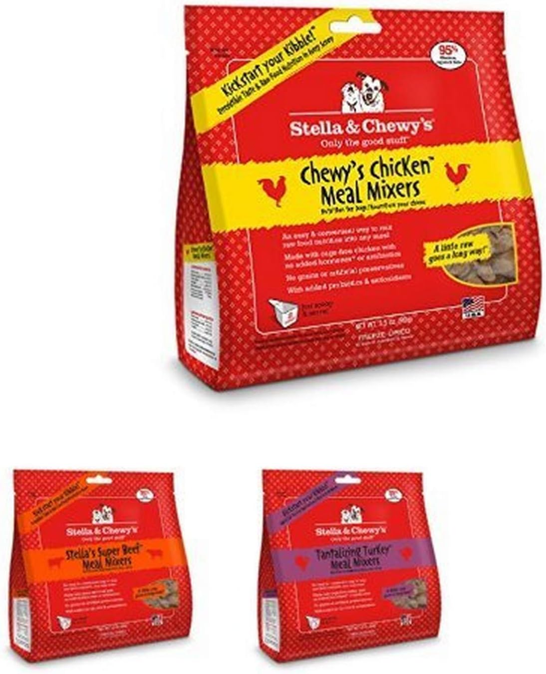 Stella & Chewy's Freeze-Dried Raw Meal Mixer Dog Food Toppers Variety Pack Of 3 (Beef, Chicken And Turkey), 3.5 Oz. Each