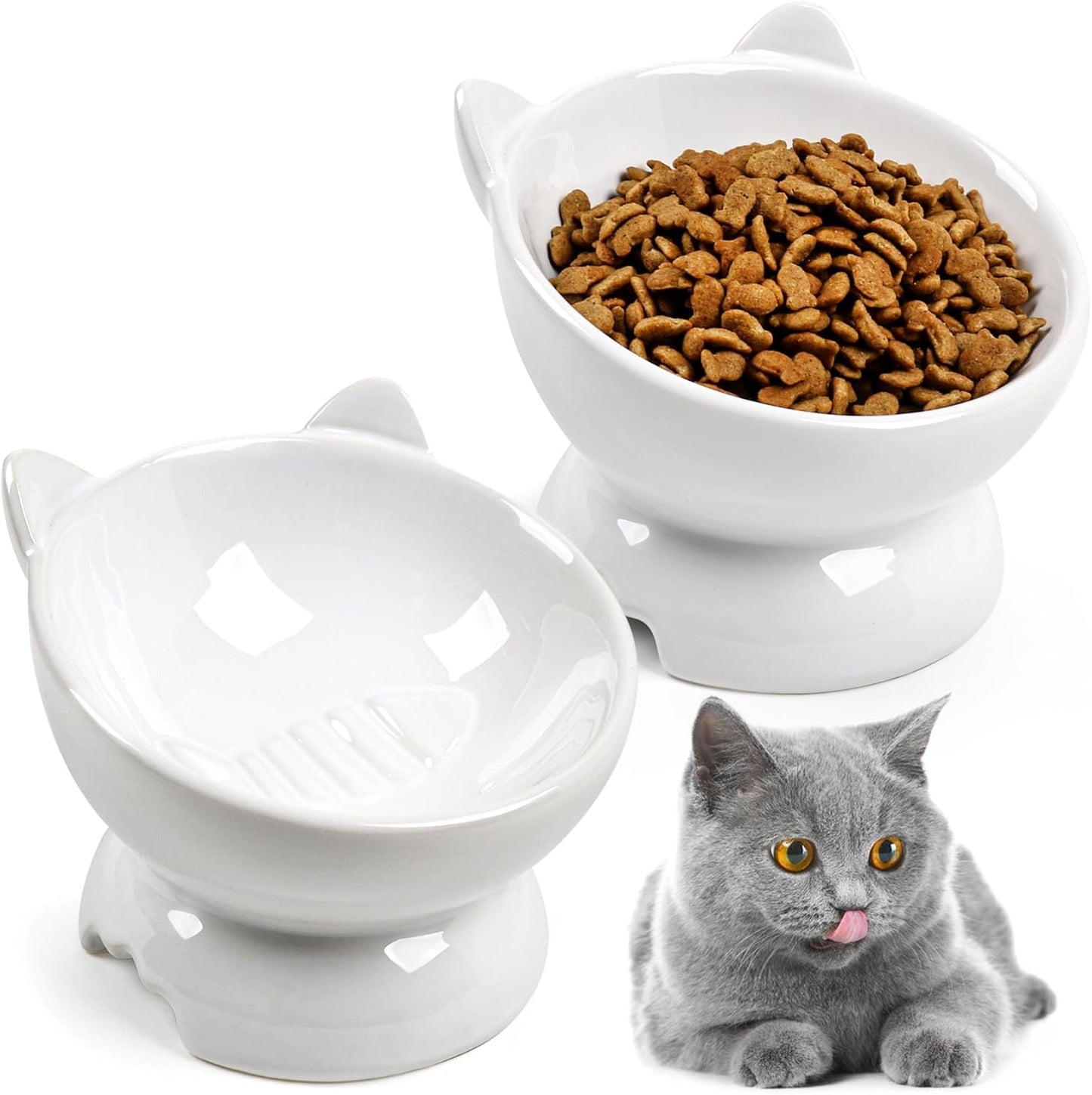 Cat Bowls for Indoor Cats,Elevated Cat Food Bowls for Food and Water,Ceramic Whisker Fatigue Cat Bowls Anti Vomiting Pet Bowls for Pet Kitty Cats Dogs(2 Pack)