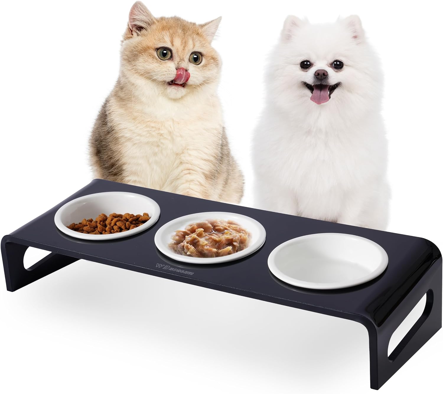 Tilted Raised Elevated Food and Water Bowls Stand for Cat or Small Dogs - Puppy's Clear Acrylic Stainless Steel 3 Dishes Holder for Boy or Girl Pet by WBhonghui (Black-3bowls)