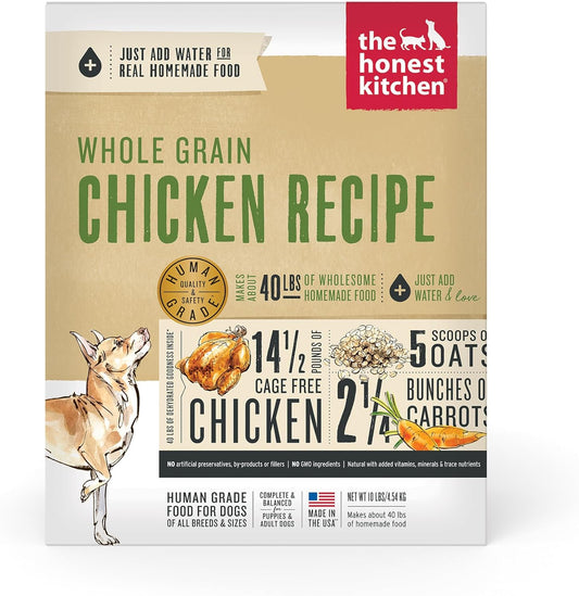 The Honest Kitchen Human Grade Dehydrated Whole Grain Dog Food \u2013 Complete Meal or Topper \u2013 Chicken 10 lb (makes 40 lbs)