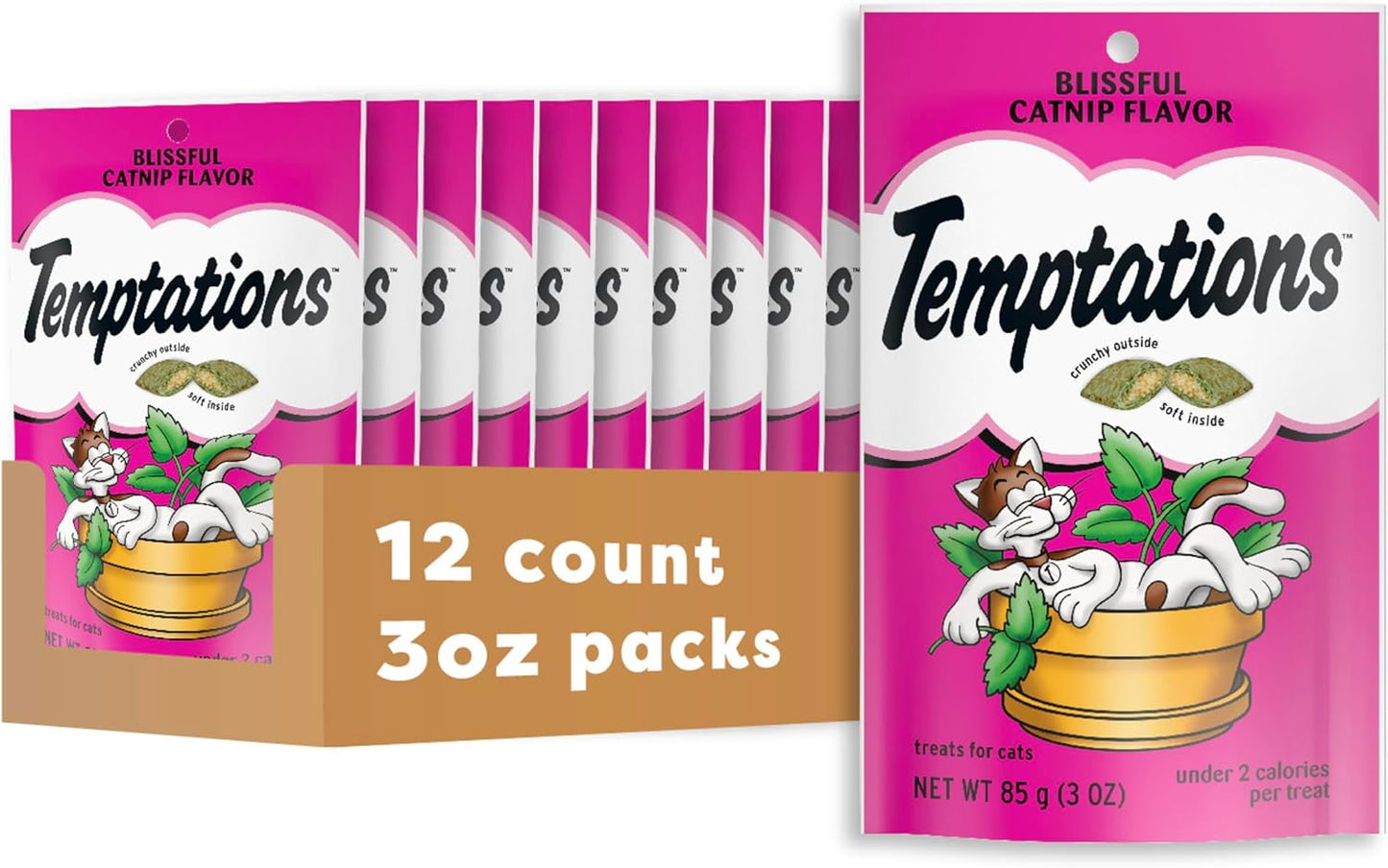 Temptations Classic Crunchy and Soft Cat Treats Blissful Catnip Flavor, 3 oz. Pouch (Pack of 12)