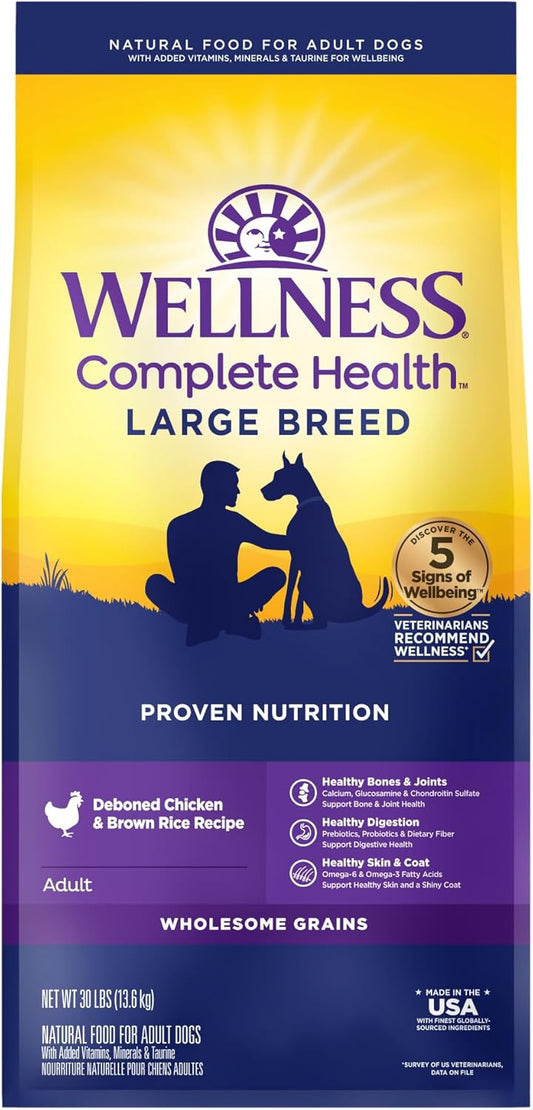 Wellness Complete Health Large Breed Adult Dry Dog Food, No Corn or Wheat, Made in USA with Real Meat, Natural Ingredients, Glucosamine, Probiotics & Omega Fatty Acids (30-Pound Bag)