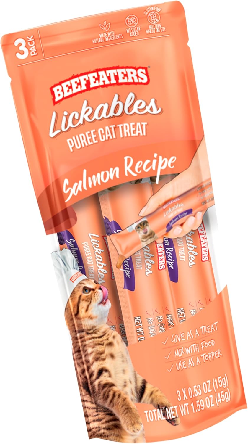 Beefeaters Cat Treats - Salmon Recipe Lickable Puree 1.59oz, Case of 12 | Real Cat Food Salmon Treat | No Corn/Soy/Wheat, Sugar-Free | Training Treats