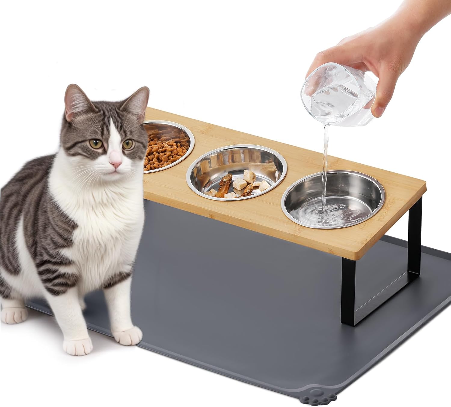 Upgraded Elevated Cat Bowls with Food Mat,15°Tilted Stand Anti Vomiting Raised Cat Dishes for Food and Water,3 Stainless Steel Bowls for Cats and Puppy