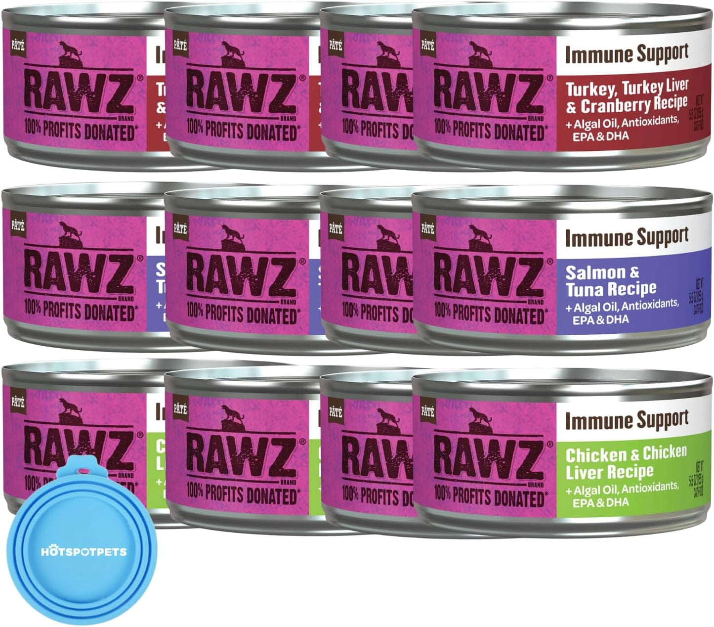 Rawz Natural Premium Pate Canned Food for Cats +ALGAL OIL, ANTIOXIDANTS AND EPA & DHA for Immune Support -12 Pack Cans Variety Flavor Bundle Pack -3 Flavors - with Hotspot Pets Can Lid - (5.5 oz Cans)