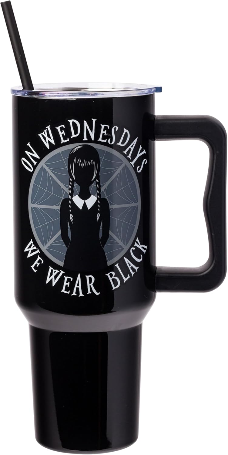 Silver Buffalo The Addams Family Wednesday On Wednesdays We Wear Black Stainless Steel Tumbler with Handle and Straw, Fits in Standard Cup Holder, 40 Ounces