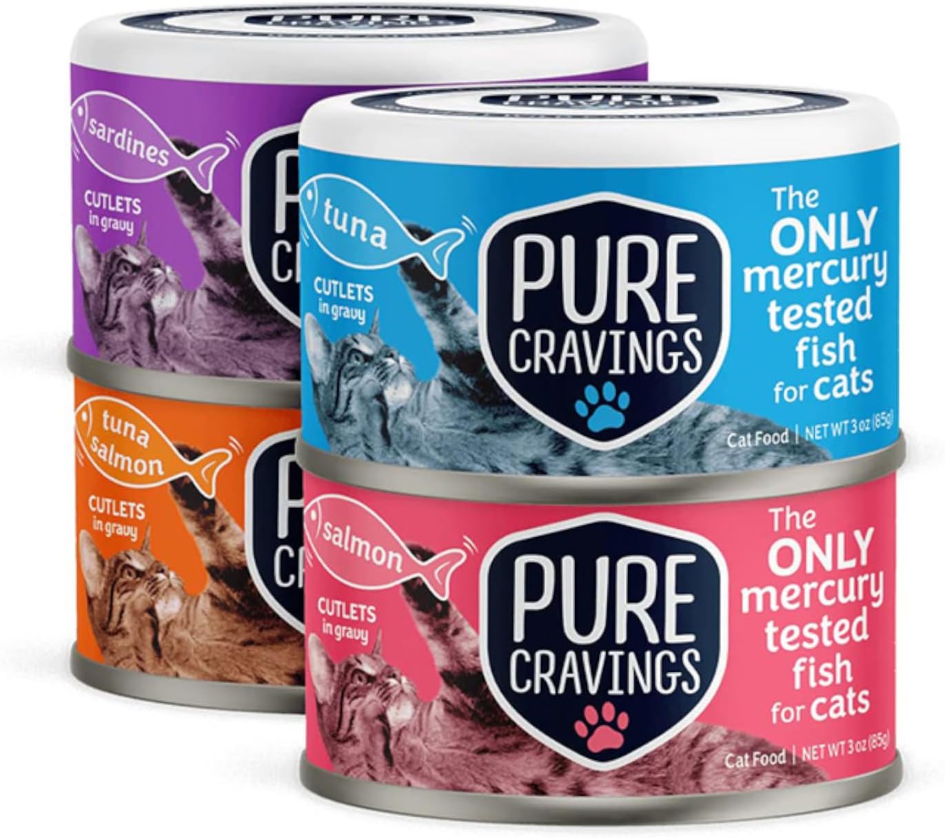 Pure Cravings Wet Cat Food Variety Pack Tuna, Salmon, Sardines, Tuna\/Salmon in Gravy, 100% Mercury-Tested, Moist Can Fish for Cats, Grain-Free, Protein, Non-GMO, Pack of 12