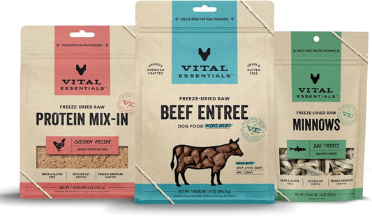 Vital Essentials Freeze Dried Dog Food & Treats, New to Raw Variety Sample Pack, Beef Mini Nibs Dog Food 14 oz + Minnows Dog Treats 1 oz + Ground Chicken Topper 6 oz