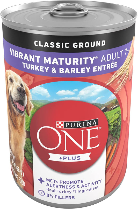 Purina ONE Plus Classic Ground Vibrant Maturity Adult 7 Plus Turkey And Barley Entree Senior Dog Food - (Pack of 12) 13 oz. Cans