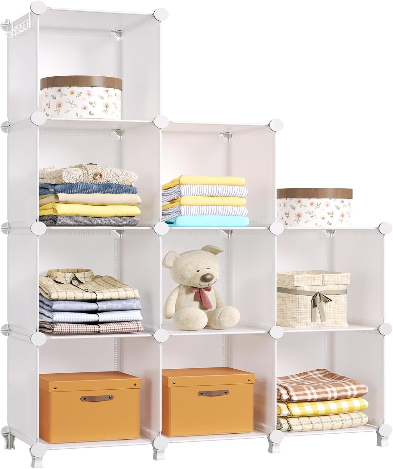 GREENSTELL Closet Organizer and Storage, 9-Cube Storage Organizer, Portable Closet Storage Shelves, Clothing Storage for Kids, Closet, Bedroom, Office, White