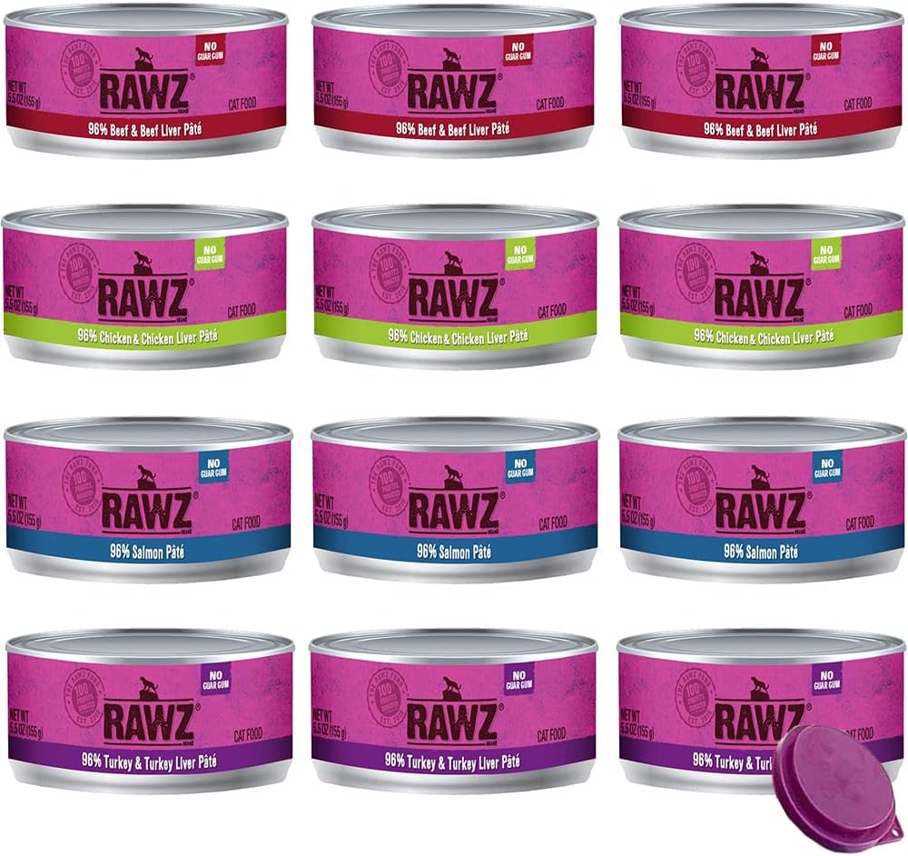 Rawz Natural Premium Canned Cat Wet Food Pate-12 Pack Variety - 4 Flavors - (Turkey, Chicken & Liver, Salmon & Beef) (5.5oz Cans,) Lid