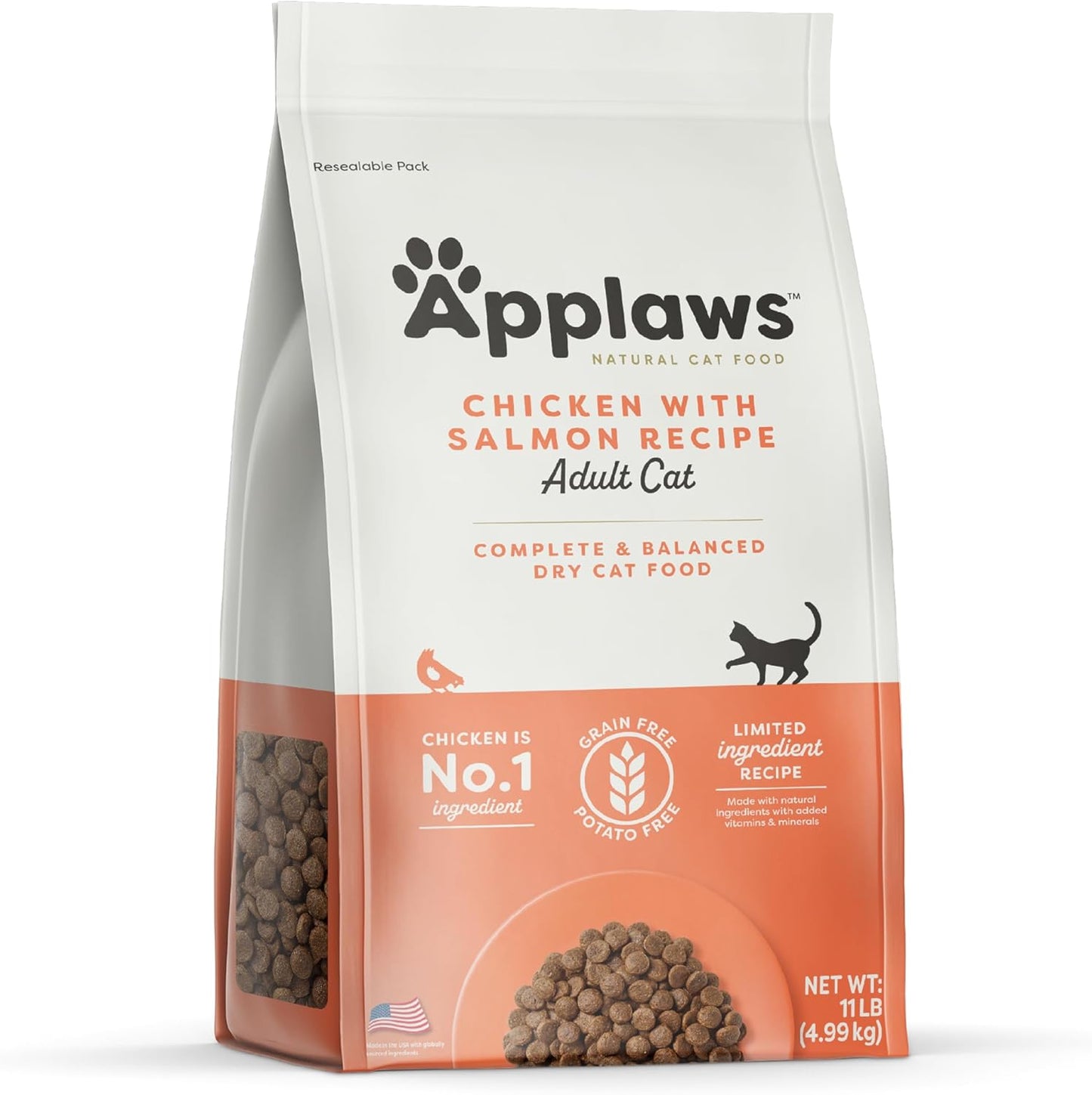 Applaws Complete Dry Cat Food, Grain-Free, Limited Ingredient Food with Added Vitamins & Minerals, Protein, Natural Cat Food, Supports Digestion, Chicken & Salmon (11 Pound Dry Cat Food)