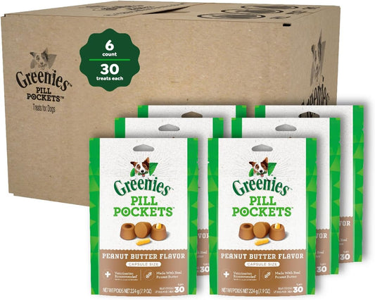 Greenies Pill Pockets for Dogs Capsule Size Natural Soft Dog Treats with Real Peanut Butter, (6) 7.9 oz. Packs (180 Treats)