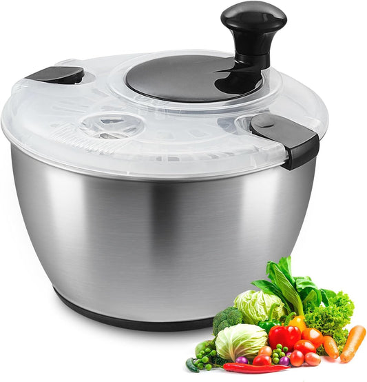 VEVOR Stainless Steel Salad Spinner, 4.75Qt, One-handed Easy Press Large Vegetable Dryer Washer, Lettuce Cleaner and Dryer with 304 Stainless Steel Bowl, for Greens, Herbs, Berries, Fruits, No BPA