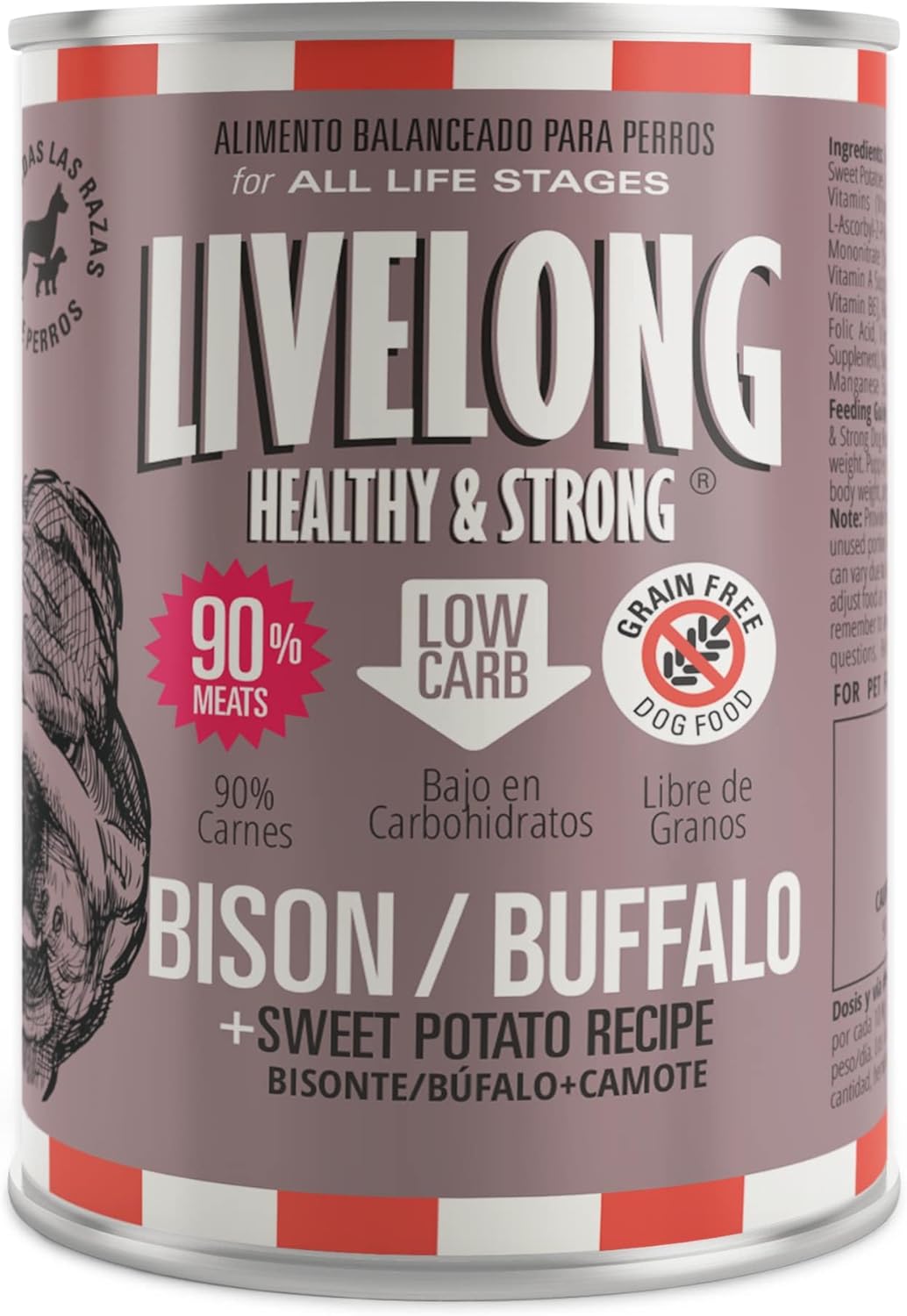 Livelong Healthy & Strong: 12 Pack: Bison/Buffalo & Sweet Potato Recipe - 12.5oz Cans, Wet Dog Food, High Protein, All Natural, No Preservatives, USA Made