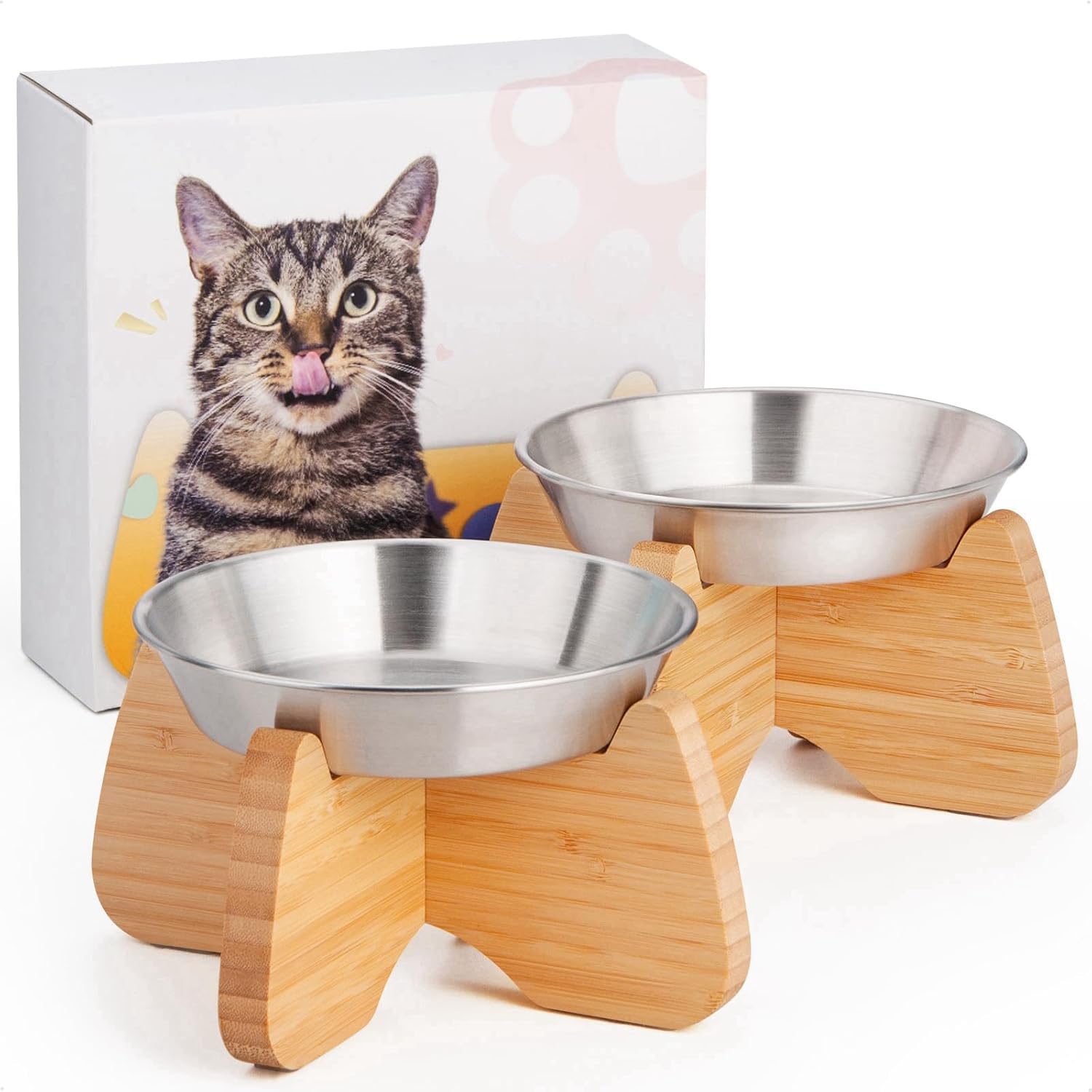 Raised Cat Bowl, 2 Pack Stainless Steel Elevated Cat Bowl Whisker Friendly Wide Flat Shallow Cute with Bamboo Stand Elevated Cat Food Plate Dishwasher Safe No Slip Lifted Raised Cat Dish Easy Clean