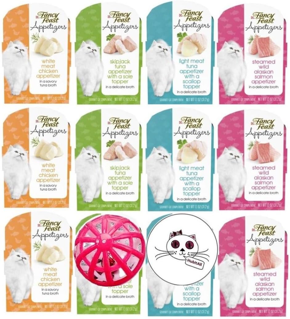 Fancy Feast Appetizers for CatsGourmet Wet Cat Food Complement Variety Sampler Bundle of 4 Flavors 3 Skipjack Tuna 3 Salmon 3 Light Meat Tuna 3 Chicken a Cat Toy and HubItAll Sticker