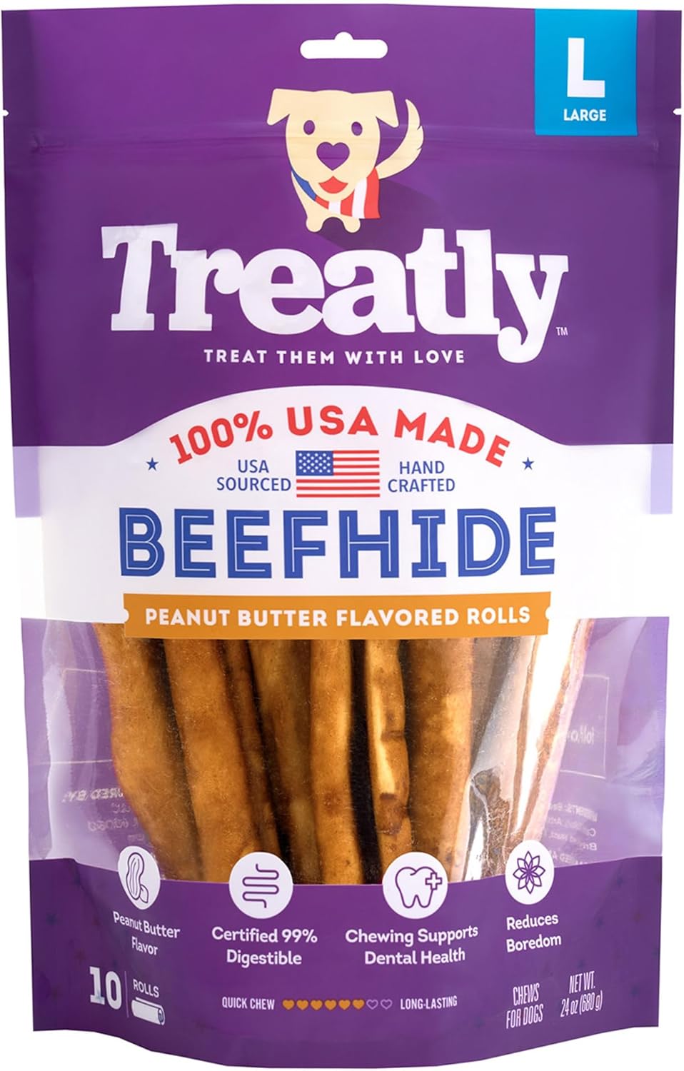 USA Beefhide Rolls 8-9" Dog Chew Treats - Peanut Butter Flavor, 10 Count/1 Pack