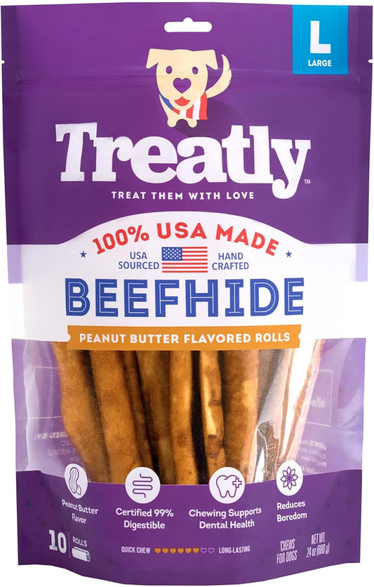 USA Beefhide Rolls 8-9" Dog Chew Treats - Peanut Butter Flavor, 10 Count/1 Pack