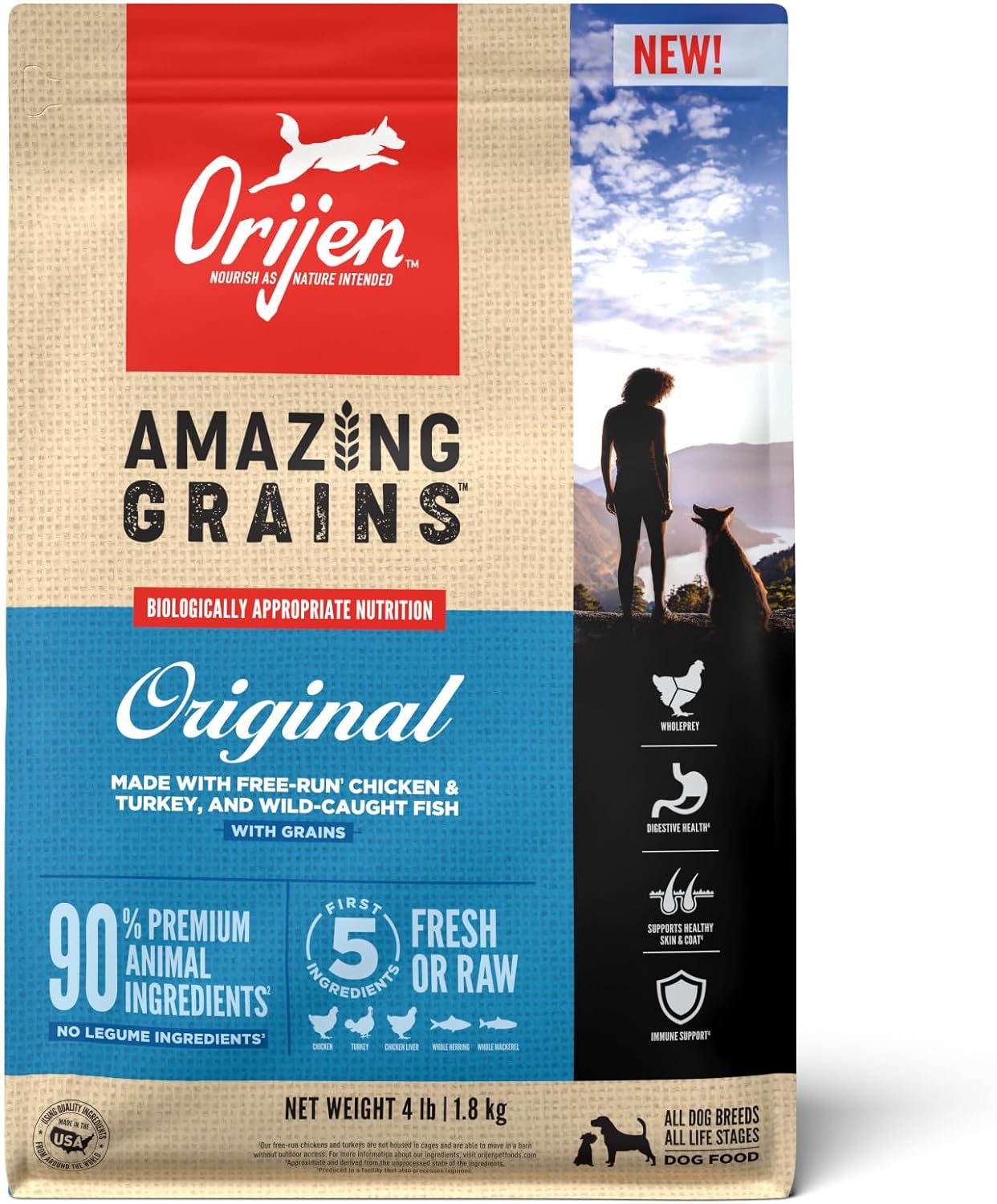 ORIJEN Amazing Grains Original Dry Dog Food, High Protein Dog Food, Fresh or Raw Ingredients