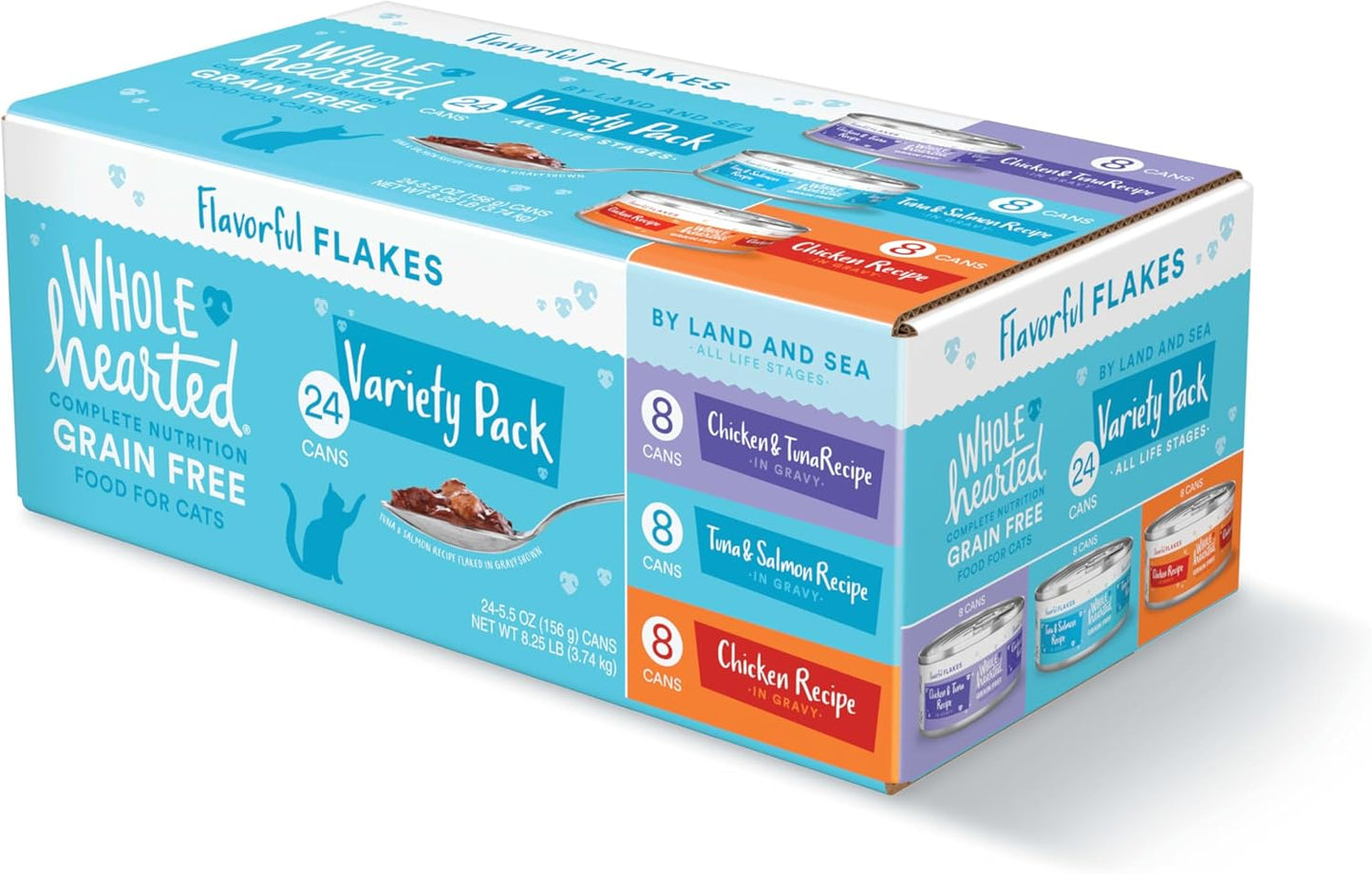 WholeHearted Grain Free by Land and Sea Flaked Wet Cat Food Variety Pack for All Life Stages 5.5 oz. Count of 24