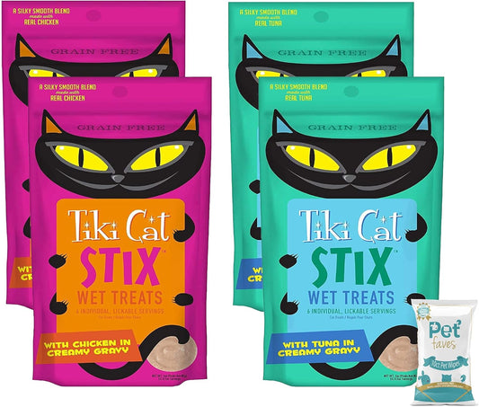 (4 Pack) Tiki Cat Stix Wet Treats, Grain Free Lickable Silky Smooth Blend in Tuna and Chicken Creamy Gravy, Topper or Treat with 10ct Pet Wipes