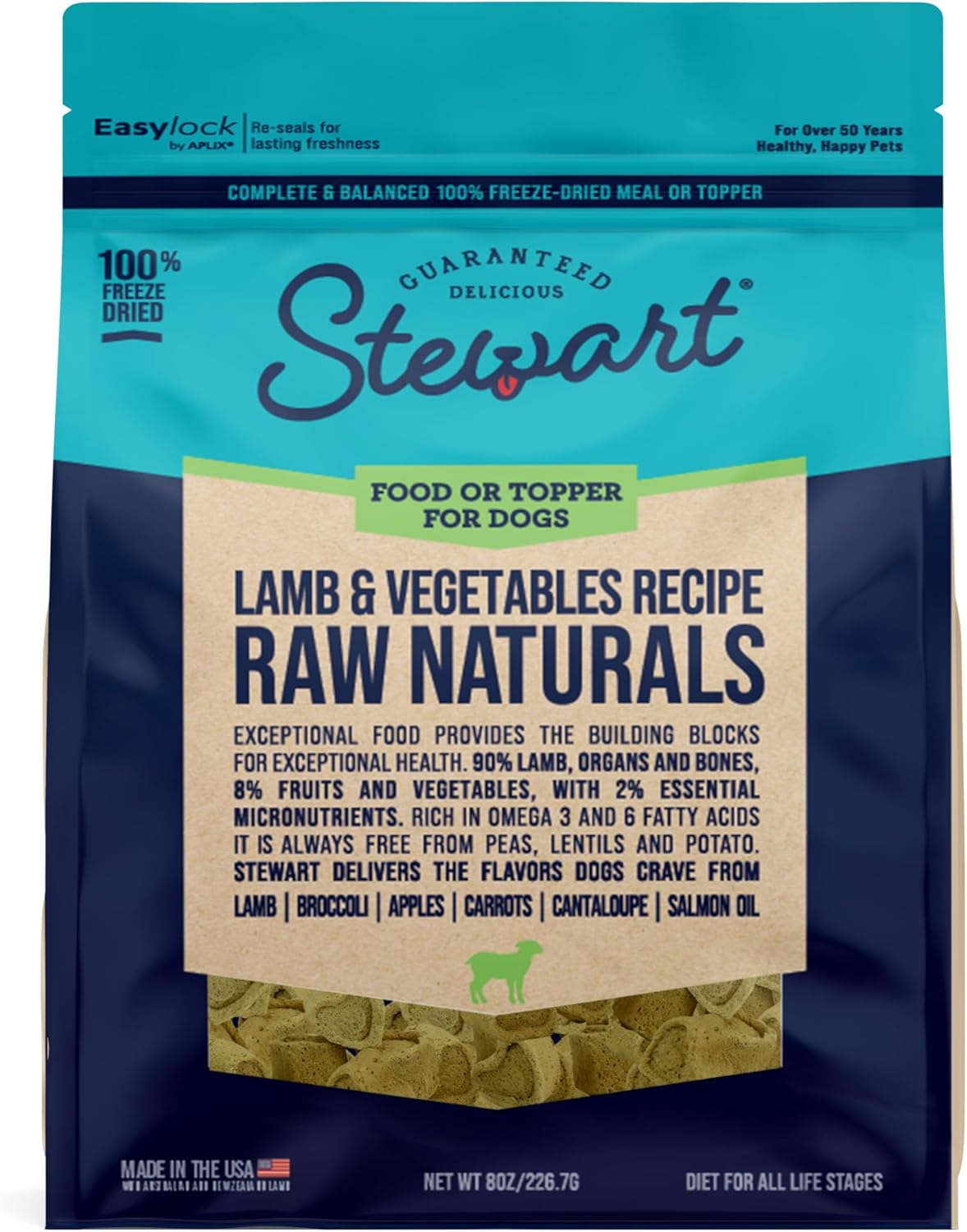 Stewart Raw Naturals Freeze Dried Dog Food, Lamb & Vegetables Recipe, 8 Ounce Bag, Complete and Balanced Nutrition