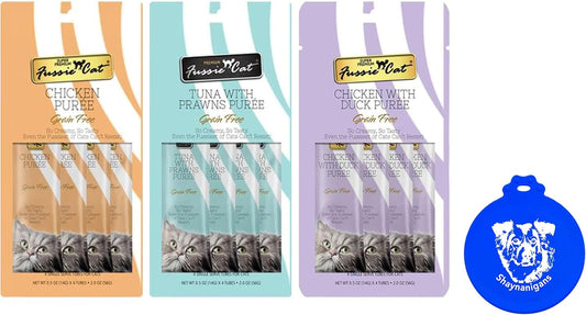 Fussie Cat Puree Grain Free Treat in 3 Flavors: (1) Tuna with Prawns, (1) Chicken with Duck and (1) Chicken (3 Four-Tube Packs, 12 Tubes Total, .5 Ounce per Tube) Plus Silicone Lid