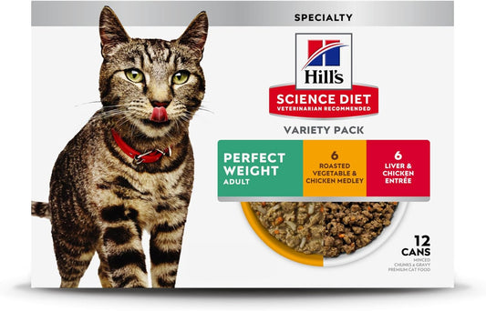 Hill's Science Diet Perfect Weight, Adult 1-6, Weight Management Support, Wet Cat Food, Variety Pack: Liver & Chicken Minced; Chicken Stew, 2.9 oz Can Variety Pack, Case of 24