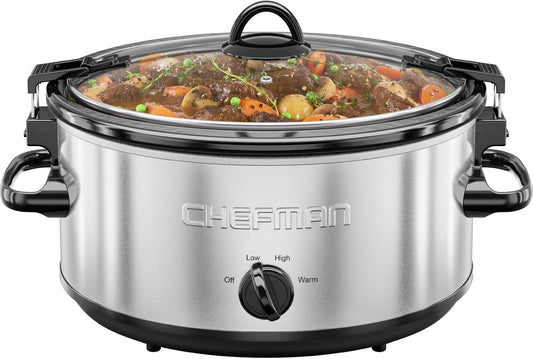 Chefman 6 Quart Slow Cooker with Locking Lid, Ceramic Crock with Portable Cook and Carry Travel Latching Lock, Large Easy Clean Dishwasher Safe Pot Insert, Manual 3 Heat Settings, Stainless Steel