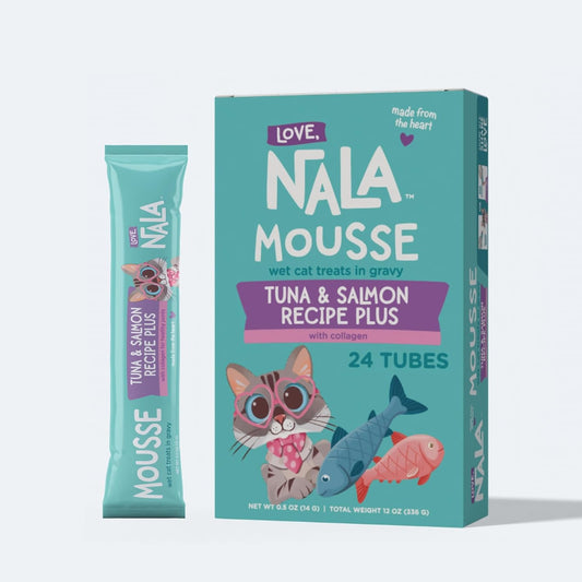 LOVE, NALA - Skin & Coat Health - Tuna & Salmon Plus Collagen Mousse - Lickable Cat Squeeze Up Wet Food Puree Treat, Topper - Grain Free, Fiber, Minerals, Vitamins - 24 Pack 15.2 oz.