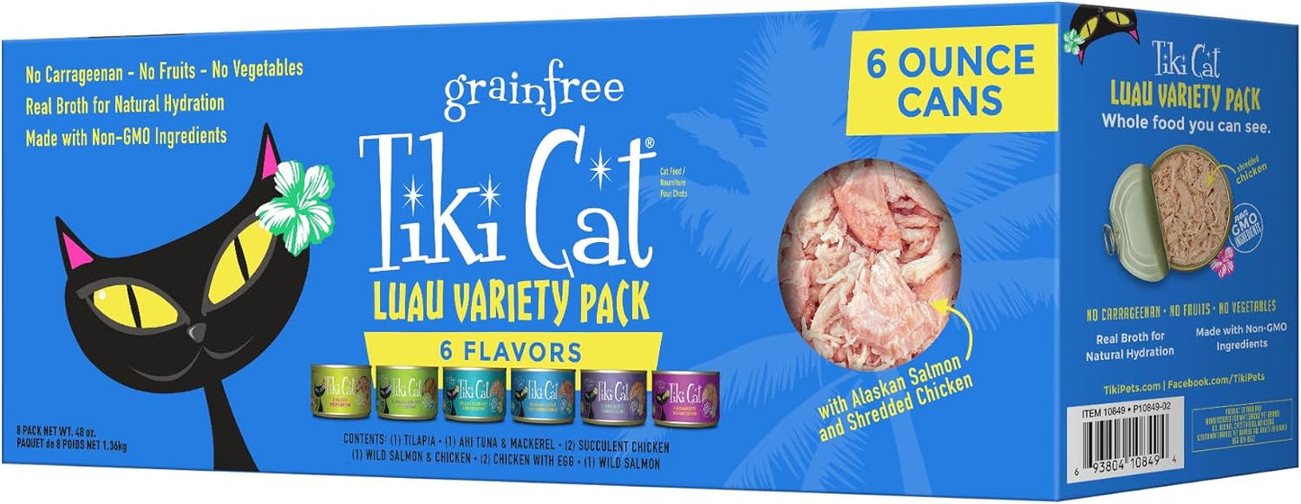 Tiki Cat Luau Variety Pack, Succulent Combinations of Real Shredded Protein in a Rich Flavorful Consumme, Grain-Free Balanced Nutrition Wet Canned Cat Food, For All Life Stages, 6 oz. Cans (Pack of 8)