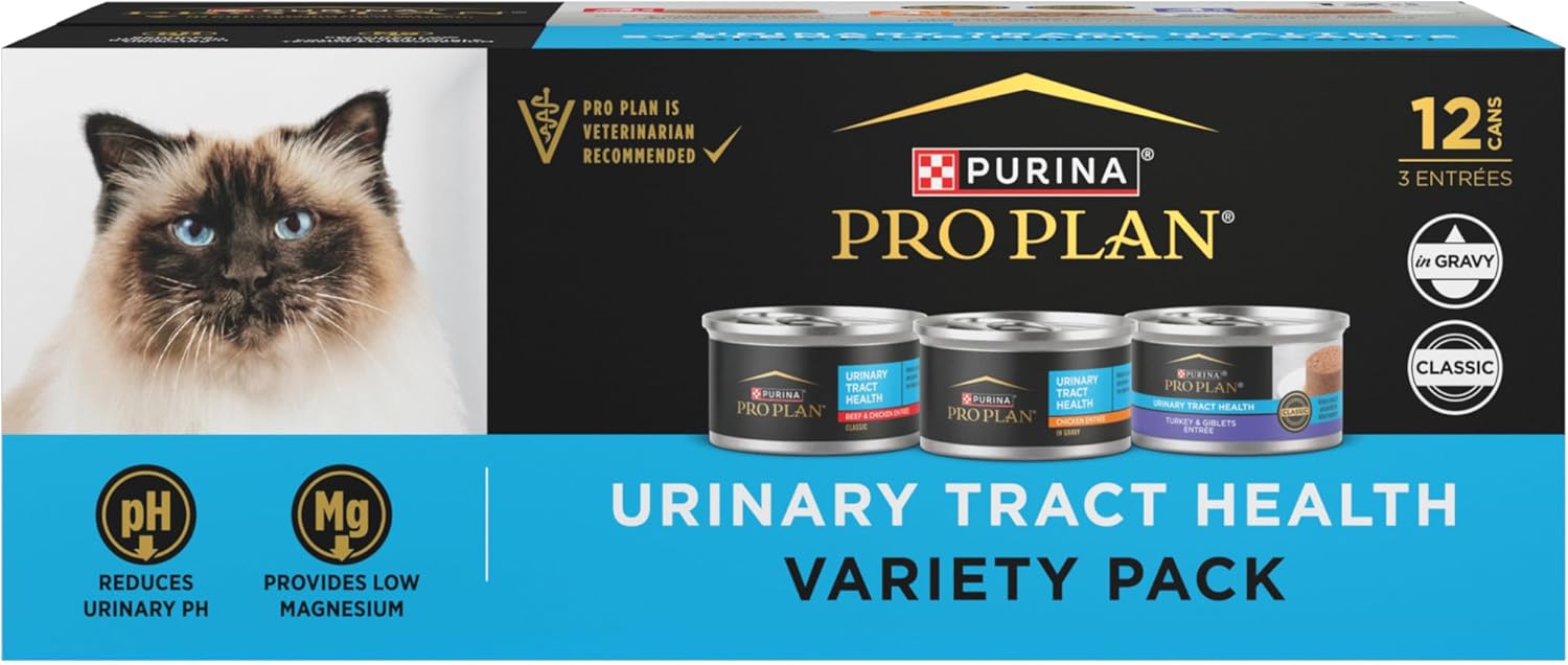 Purina Pro Plan Urinary Cat Food Wet Variety Pack Urinary Tract Health Chicken, Beef and Chicken, and Turkey and Giblets - (2 Packs of 12) 3 oz. Cans