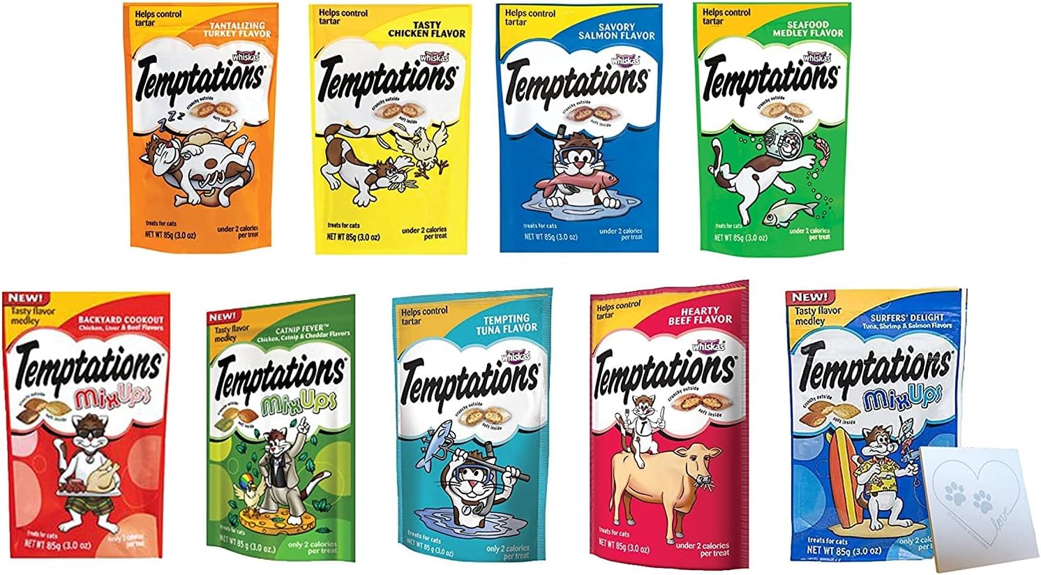 Temptations Cat Treats Temptations Huge Variety Pack, All 9 Flavors: Chicken, Medley, Turkey, Tuna, Catnip Fever, Beef, Surfer, Cookout 1 Pet Paws Notepad (9 Bags Total, 3 Ounces Each), 10 Piece Set