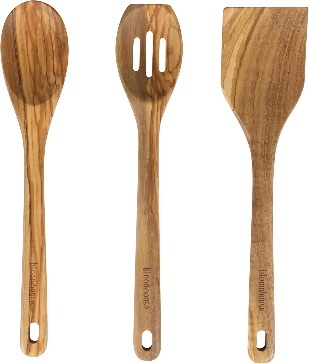 Bloomhouse Italian Olive Wood 3 Piece Extra-Large 14 Inch Turner, Spoon, and Slotted Spoon Set