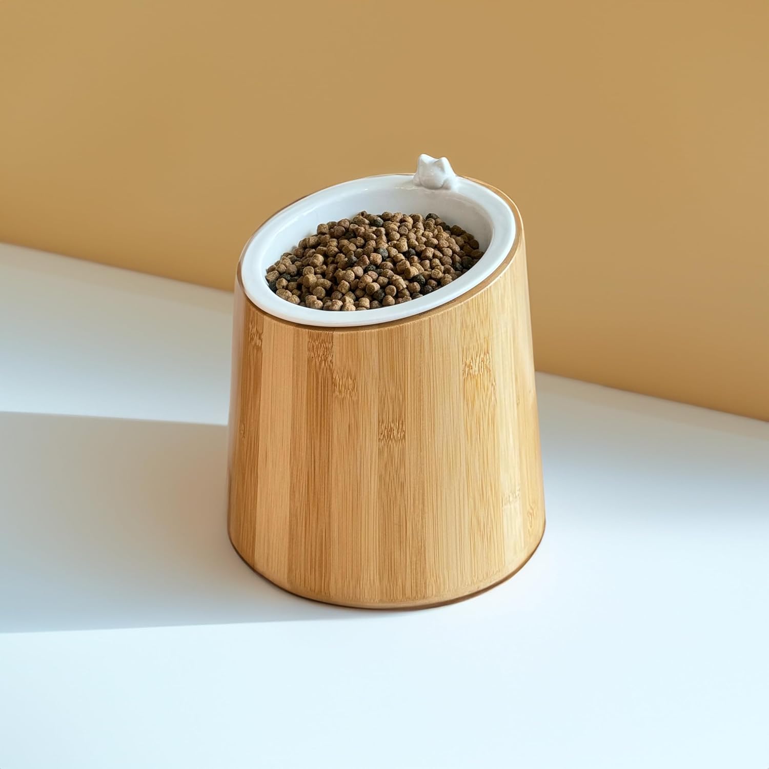 Elevated Cat Bowl - Anti-Slip 9° Tilted Ceramic Feeding Bowl with Bamboo Base – Stylish, Sustainable Design for Indoor Pets