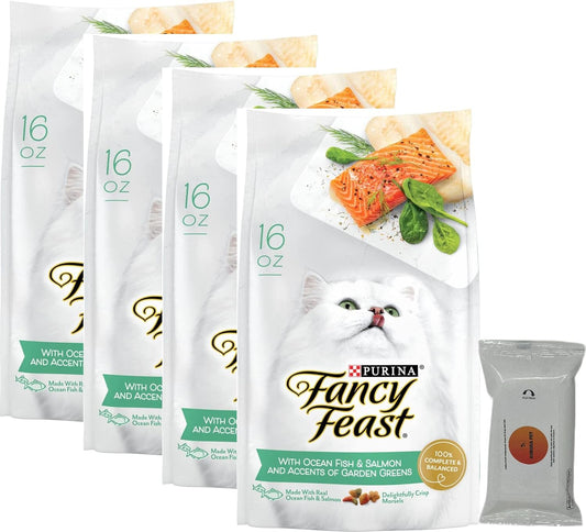 Aurora Pet Bundle Pack (4) FF Gourmet Dry Cat Food with Ocean Fish & Salmon (16 oz. Bags) Plus AuroraPet Wipes