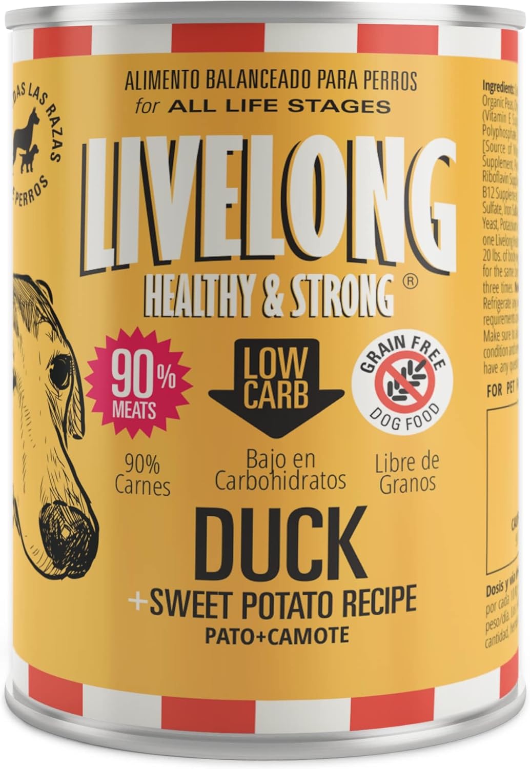 Livelong Healthy & Strong: 12 Pack: Duck & Sweet Potato Recipe - 12.5oz Cans, Wet Dog Food, High Protein, All Natural, No Preservatives, USA Made