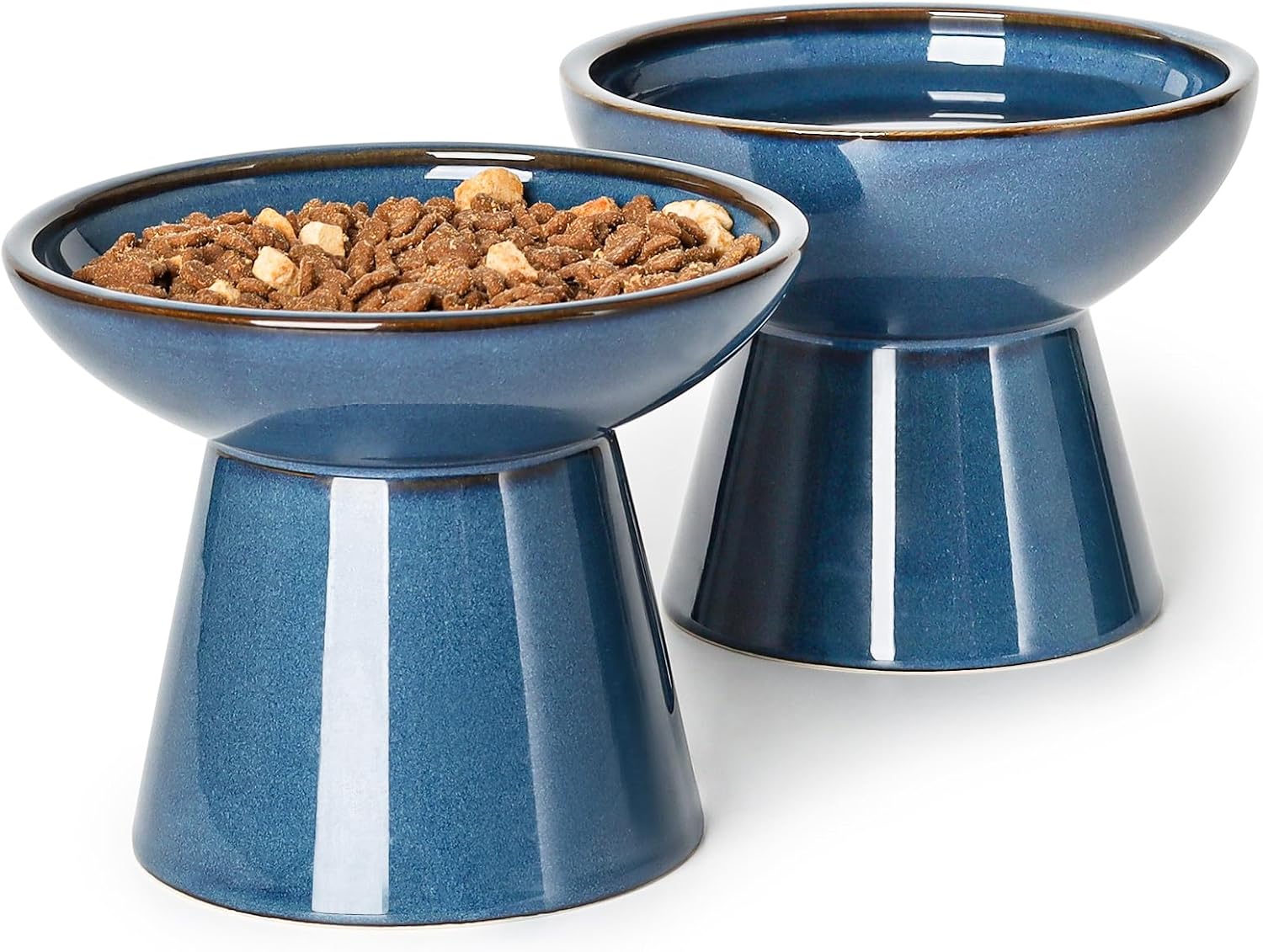 YauYik Raised Cat Food Water Bowl Set, 6.2inch Extra Wide Elevated Cat Bowls, Shallow Cat Food Dish Whisker Friendly for Cats Small Dogs, Raised Design for Pet Easy Eating, Blue, Set of 2